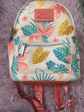 Loungefly Cream Tropical Leaf Mini Backpack with Coral Straps